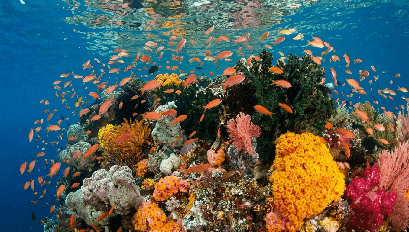 Aerial view of Raja Ampat islands and turquoise waters, Indonesia